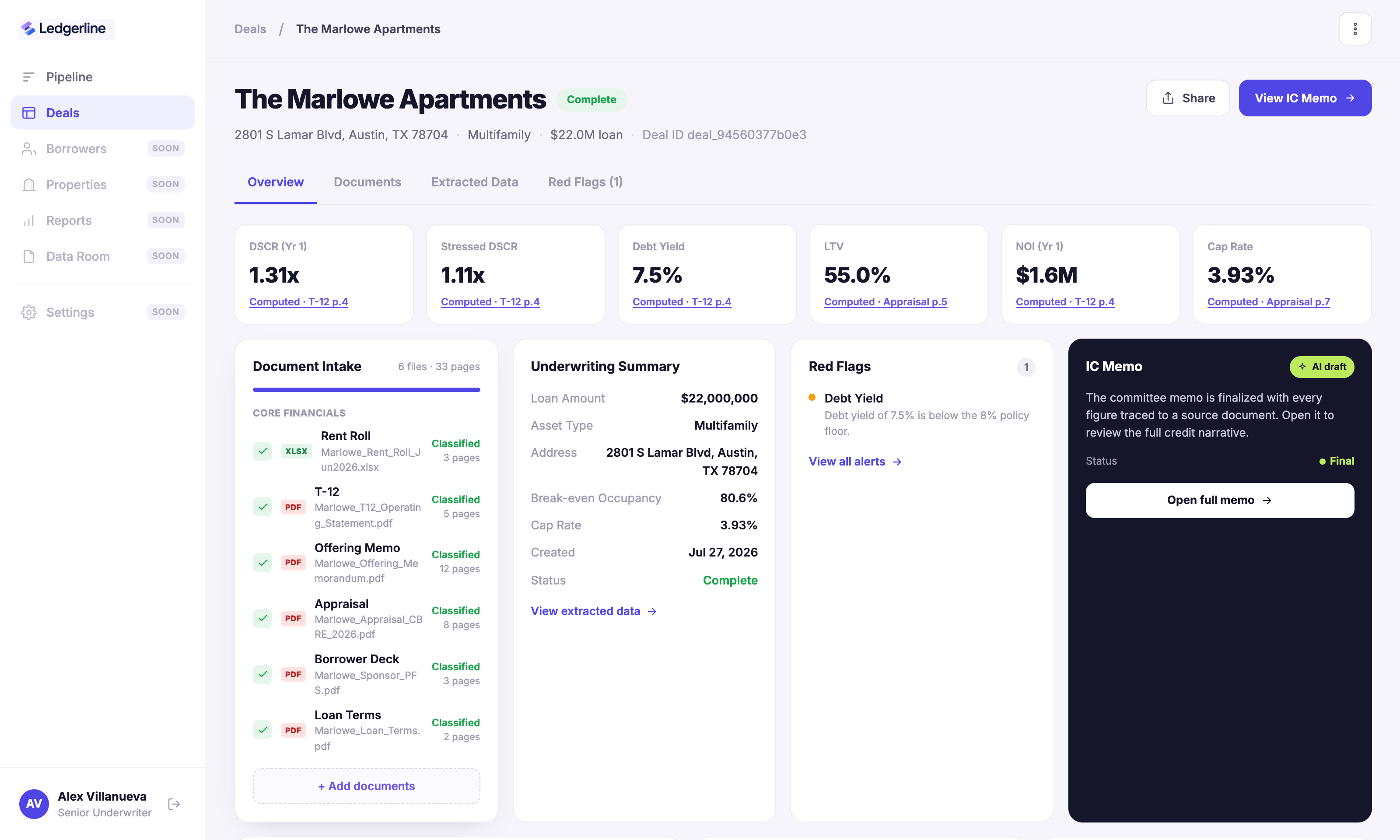 Ledgerline deal workspace: structured metrics with source citations